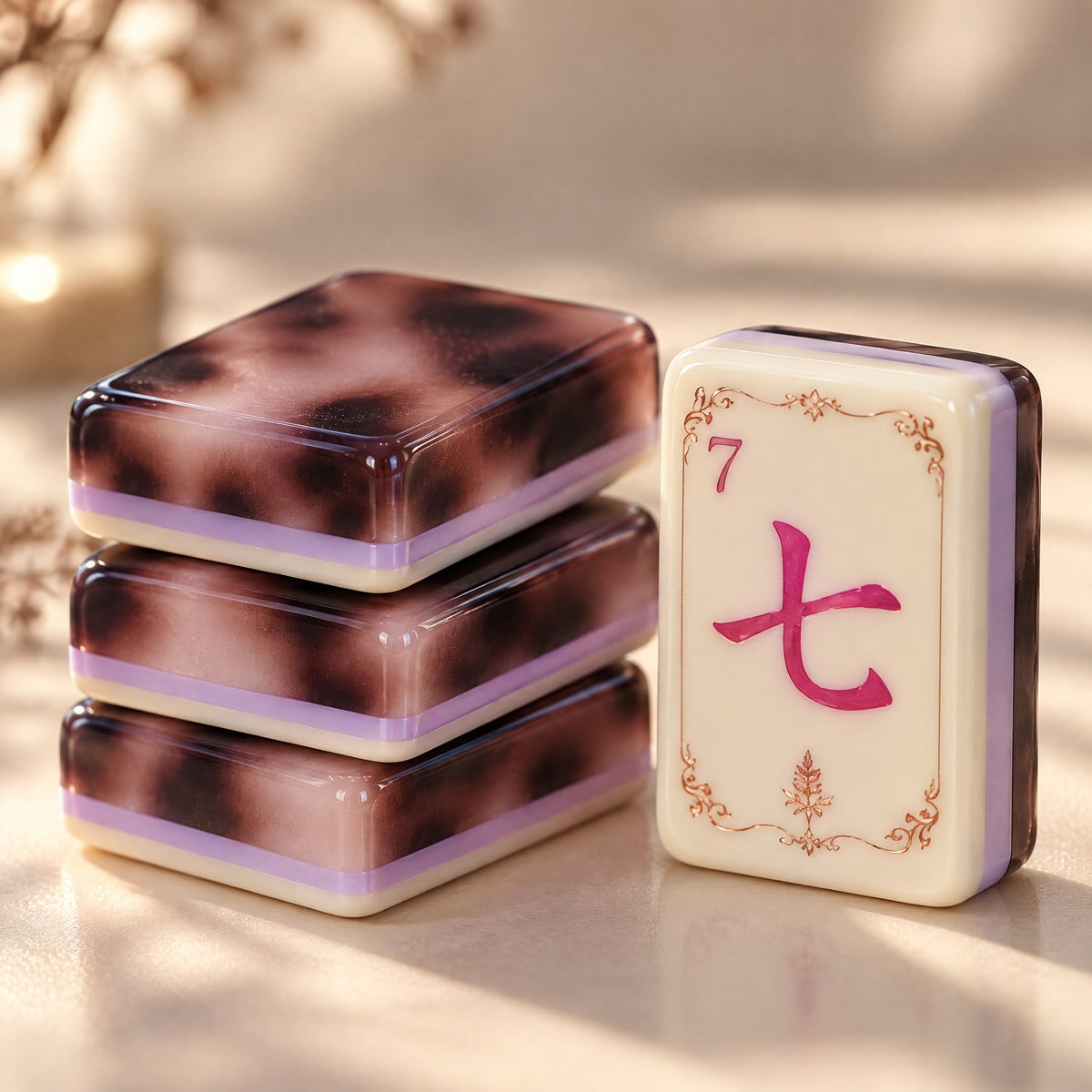 Plum Tortoise American Mahjong Set, tile backs and layers