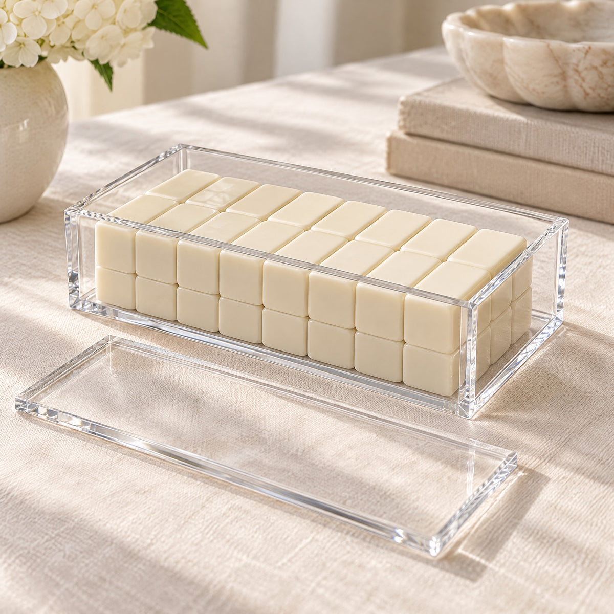 Acrylic Mahjong Tile Case, open with tiles
