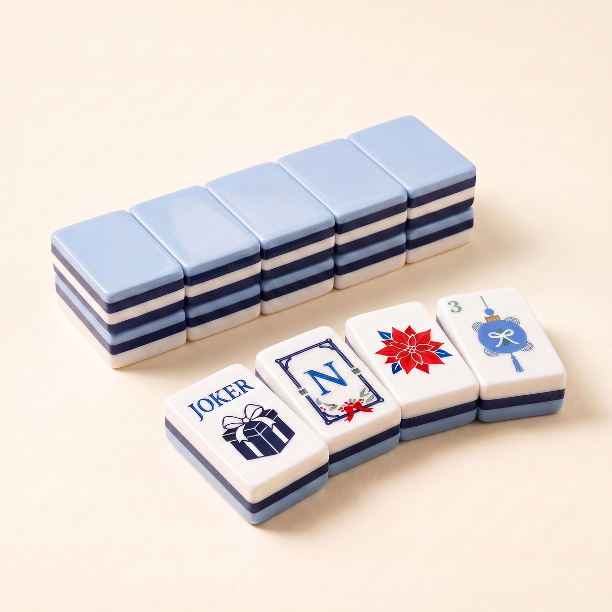 Blue Christmas American Mahjong Set, tiles and backs