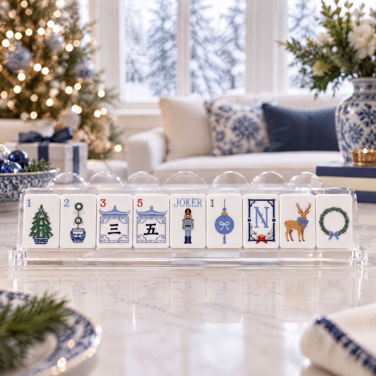 Blue Christmas American Mahjong Set, tiles on a rack, seen from across the table