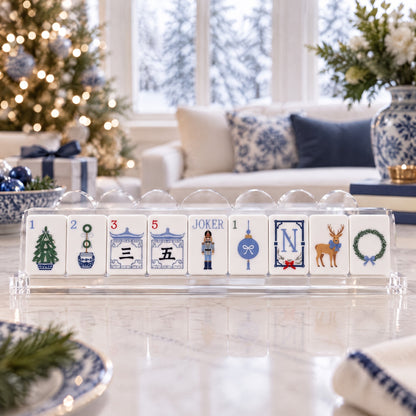 Blue Christmas American Mahjong Set, tiles on a rack, seen from across the table