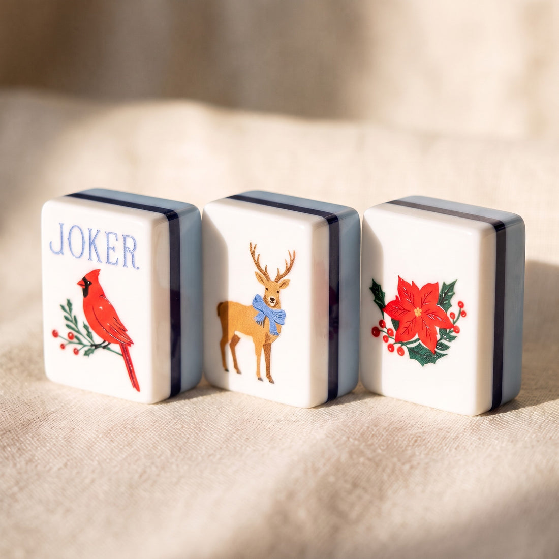Blue Christmas American Mahjong Set, joker, dragon and flower tiles up close