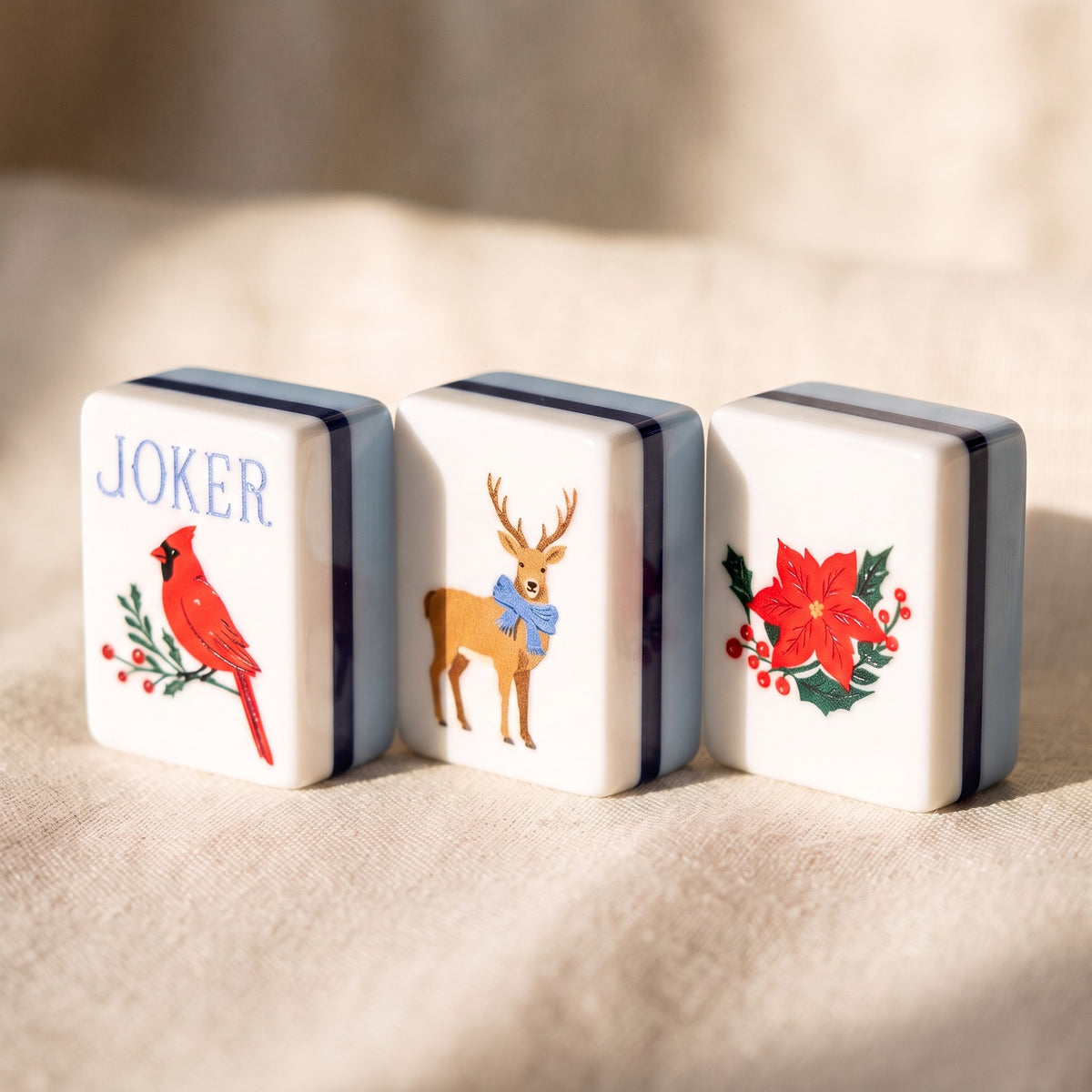 Blue Christmas American Mahjong Set, joker, dragon and flower tiles up close