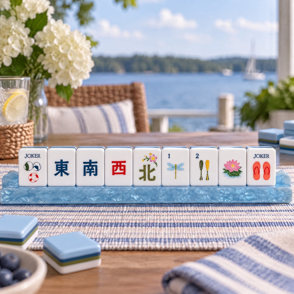 Blue Lakeside American Mahjong Set, tiles on a rack, seen from across the table