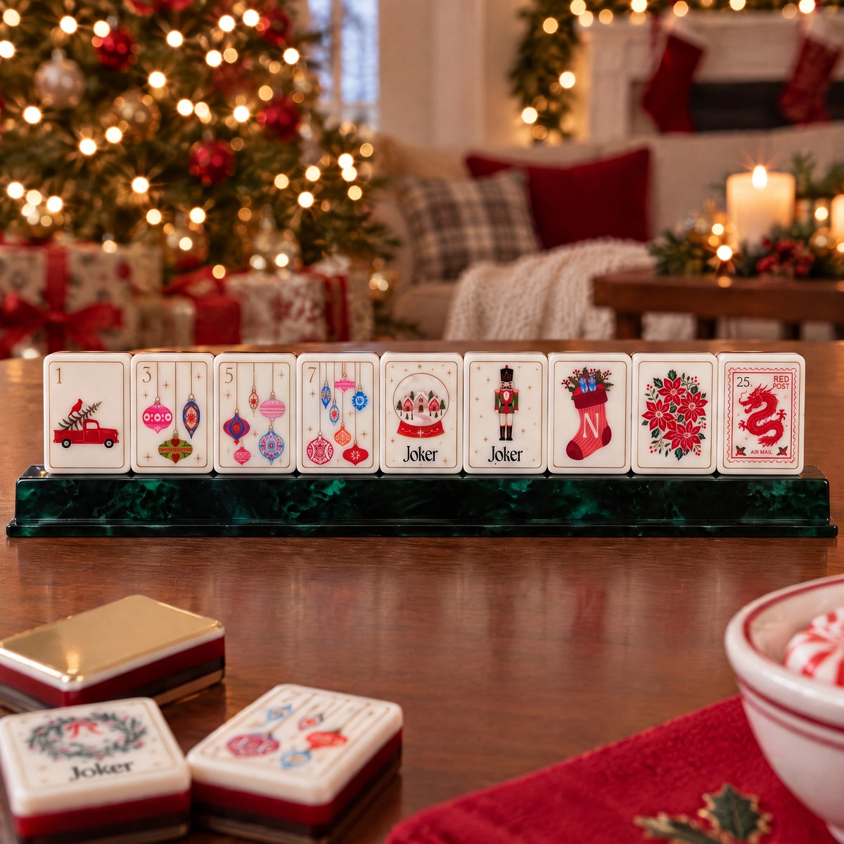 Cinnamon Noel American Mahjong Set, tiles on a rack, seen from across the table