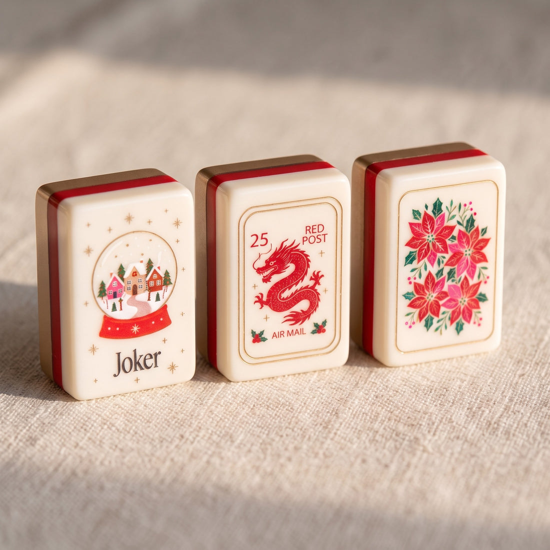 Cinnamon Noel American Mahjong Set, joker, dragon and flower tiles up close