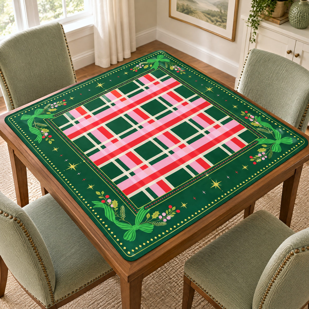 Cinnamon Noel Mahjong Mat, on a card table