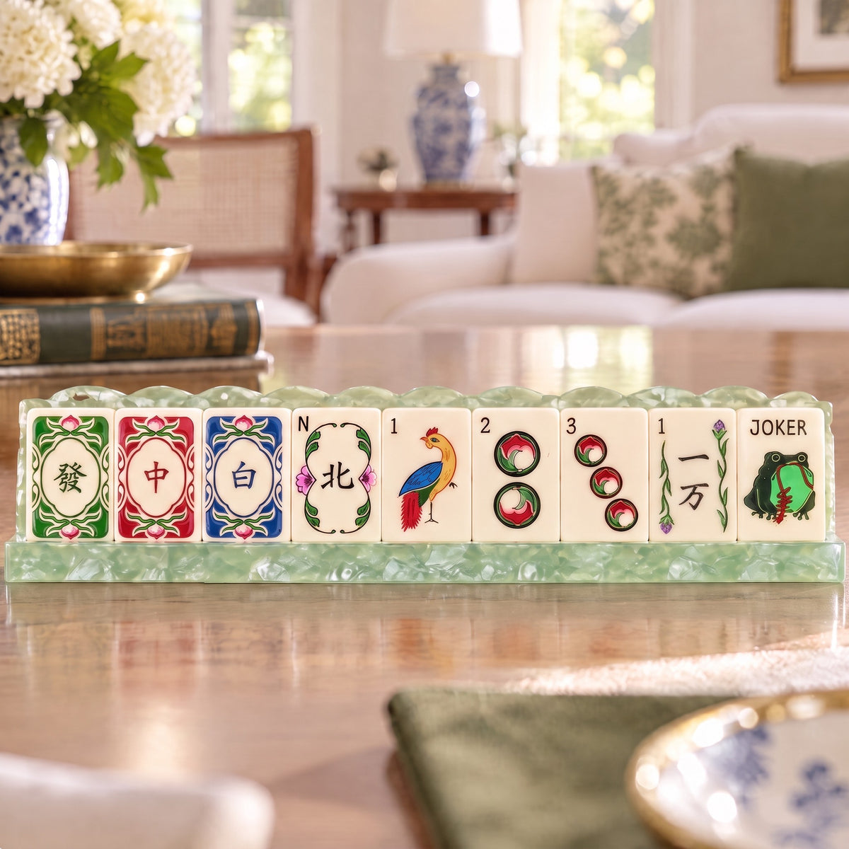 Classic Ivory American Mahjong Set, tiles on a rack, seen from across the table