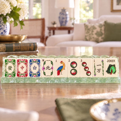Classic Ivory American Mahjong Set, tiles on a rack, seen from across the table