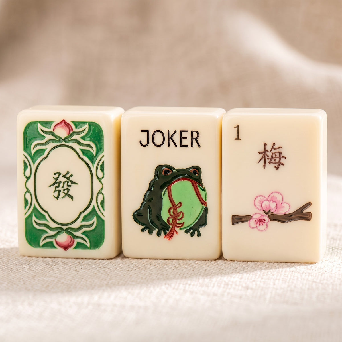 Classic Ivory American Mahjong Set, joker, dragon and flower tiles up close