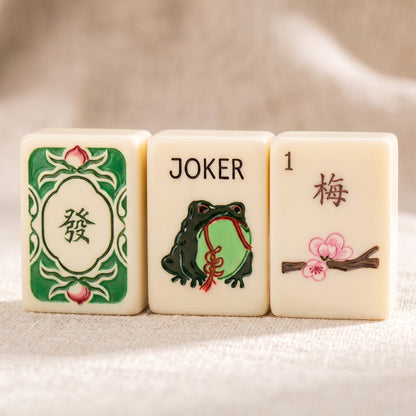 Classic Ivory American Mahjong Set, joker, dragon and flower tiles up close