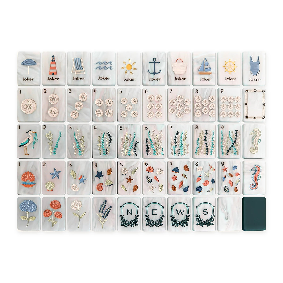 Coastal Cottage American Mahjong Set, every tile design, laid out