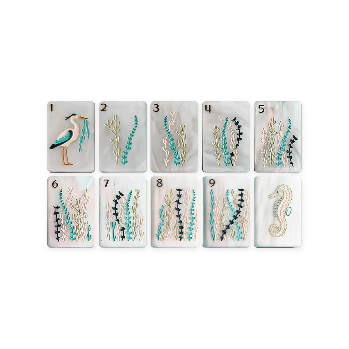 Coastal Cottage American Mahjong Set, bams 1 to 9 and green dragon