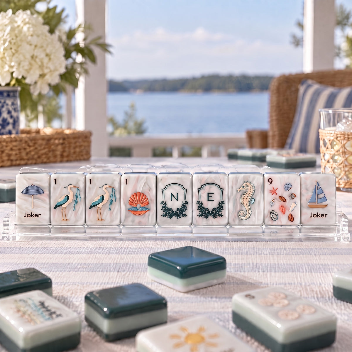 Coastal Cottage American Mahjong Set, tiles on a rack, seen from across the table