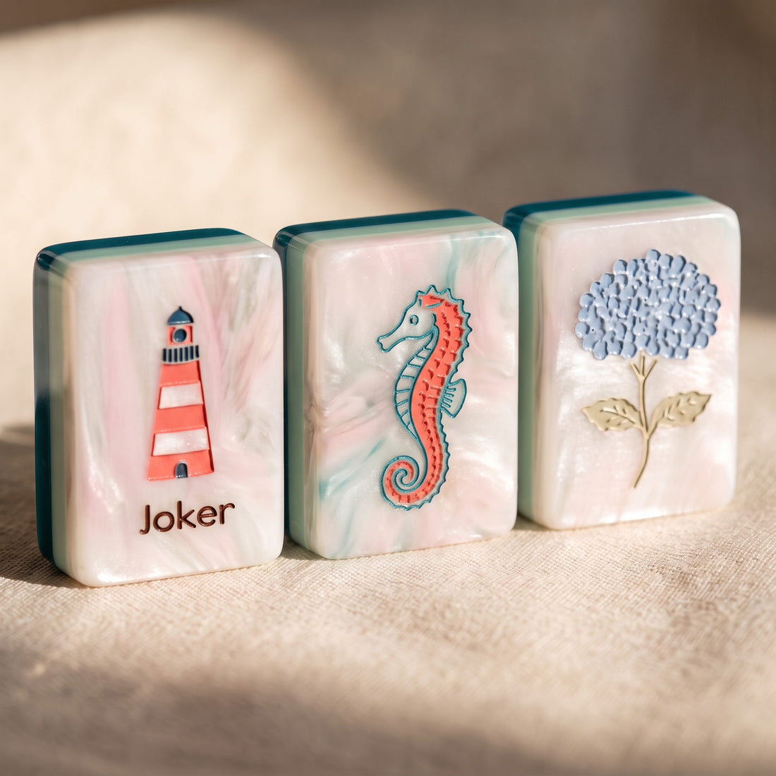 Coastal Cottage American Mahjong Set, joker, dragon and flower tiles up close