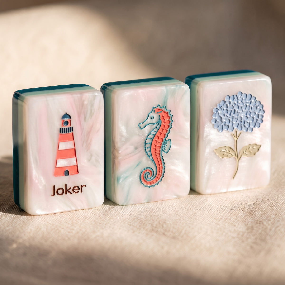 Coastal Cottage American Mahjong Set, joker, dragon and flower tiles up close