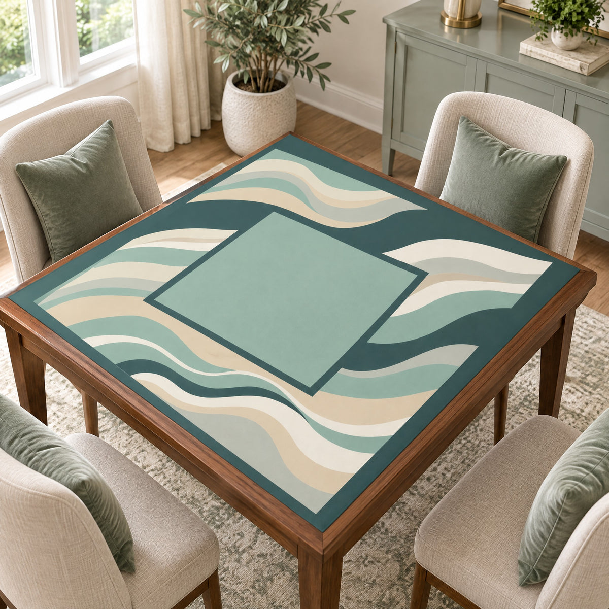 Coastal Cottage Mahjong Mat, on a card table