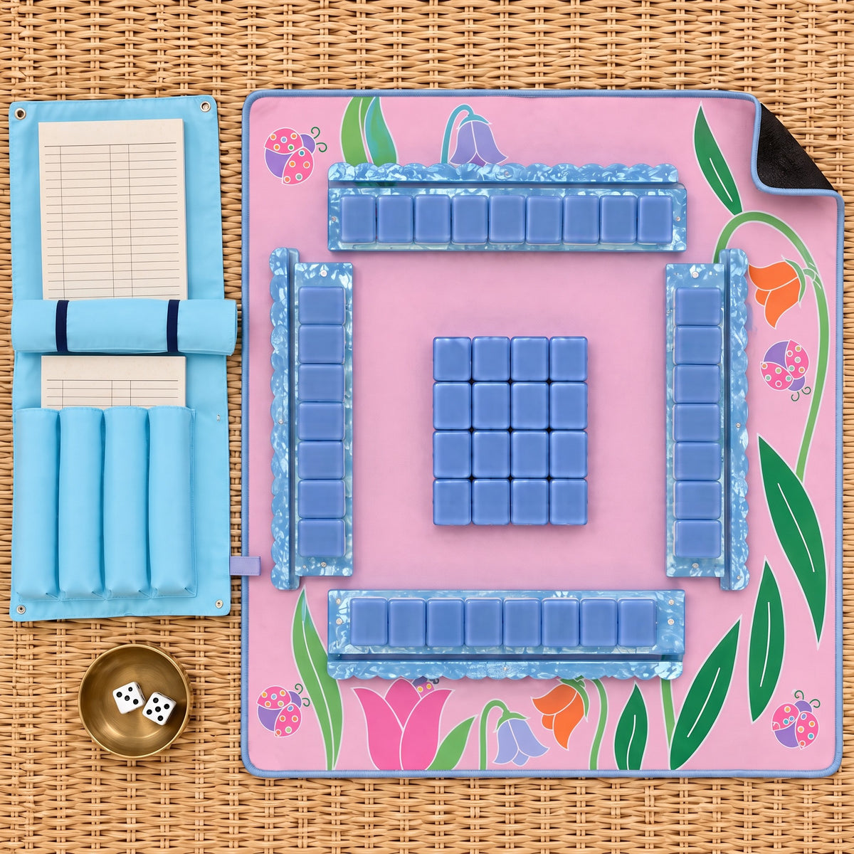 Cornflower Ladybug American Mahjong Set, complete set with matching mat, racks and pusher bag