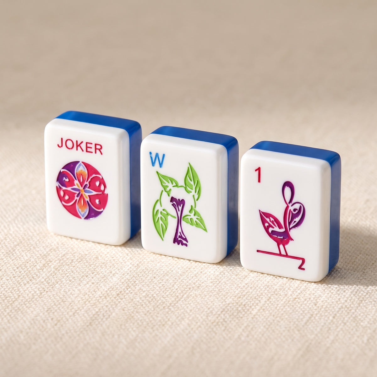 Cornflower Ladybug American Mahjong Set, joker, dragon and flower tiles up close
