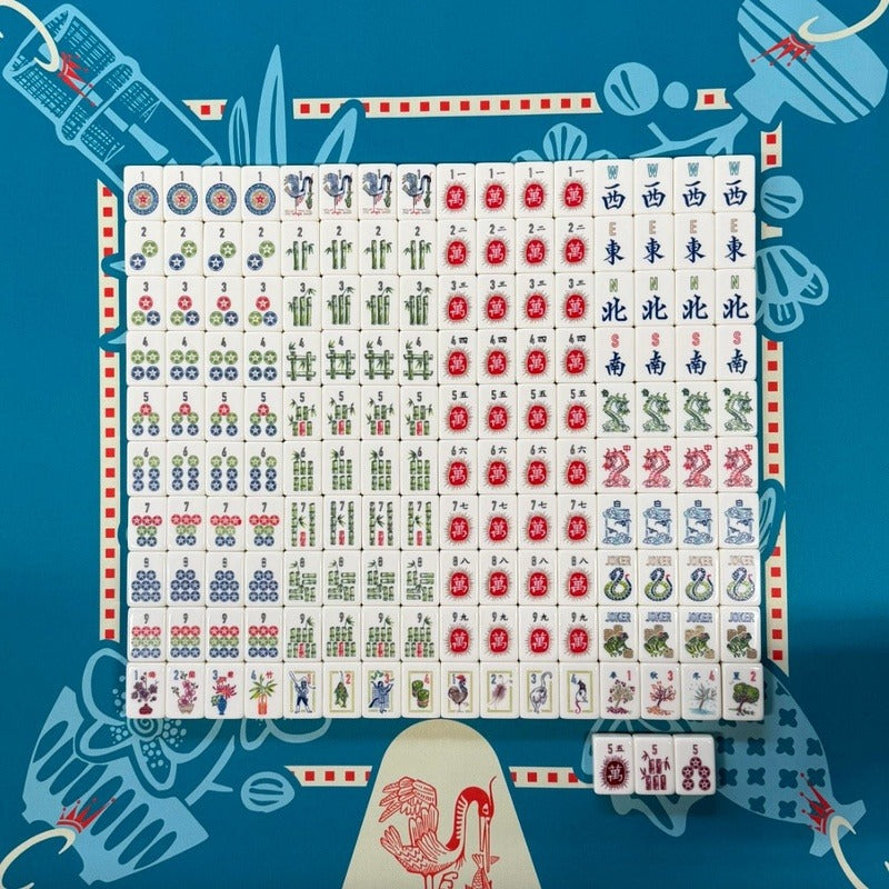 Crane & Bamboo American Mahjong Set, every tile design, laid out