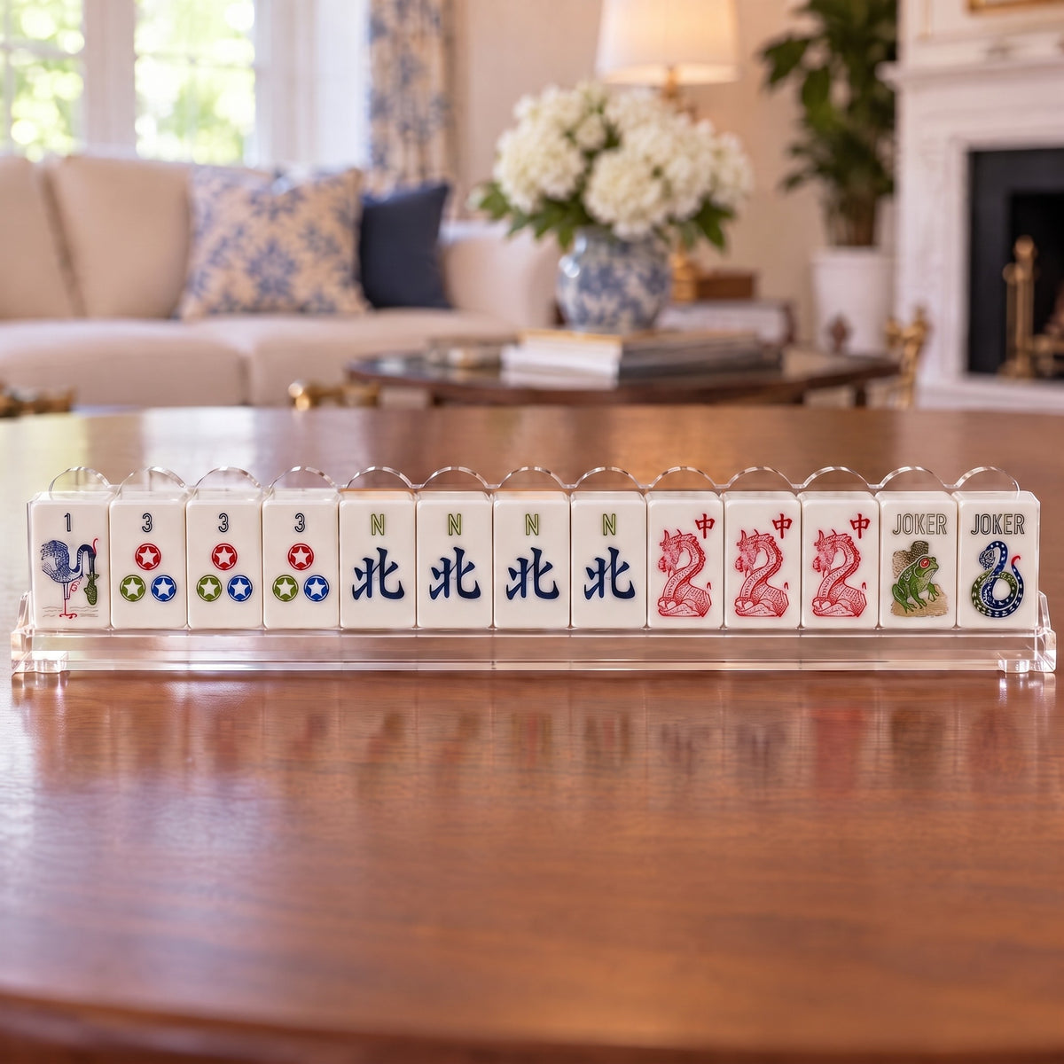 Crane & Bamboo American Mahjong Set, tiles on a rack, seen from across the table