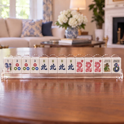 Crane & Bamboo American Mahjong Set, tiles on a rack, seen from across the table