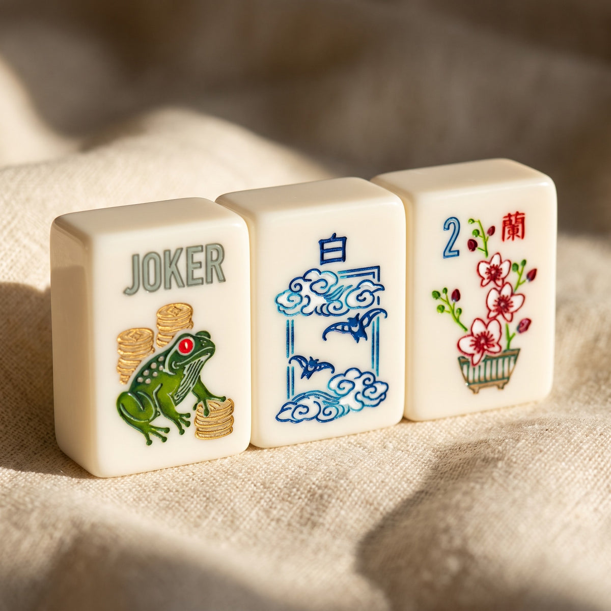 Crane & Bamboo American Mahjong Set, joker, dragon and flower tiles up close