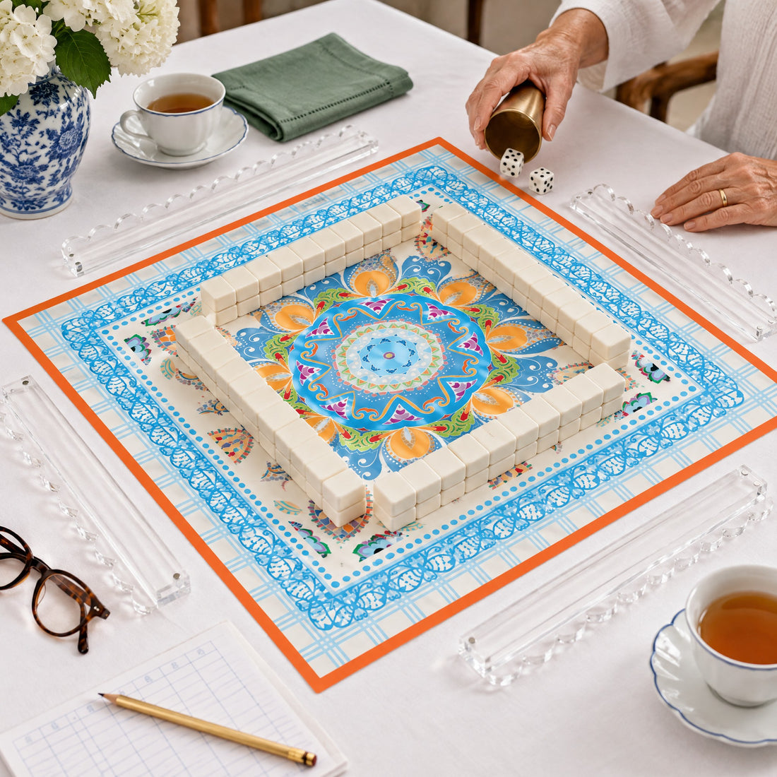 Crane & Bamboo American Mahjong Set, a game in progress