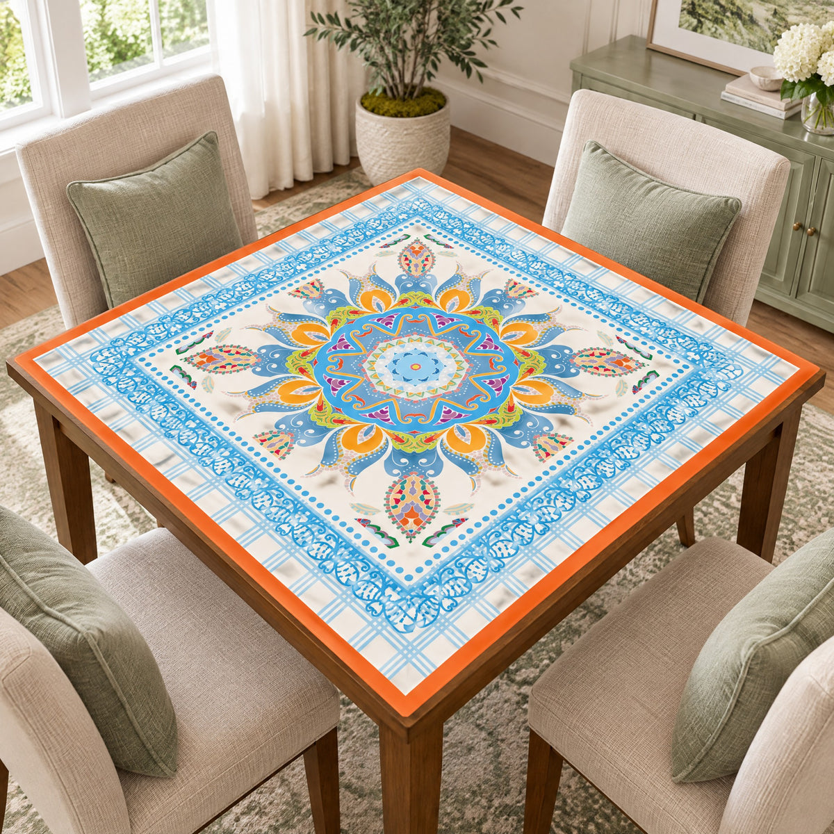Crane & Bamboo Mahjong Mat, on a card table
