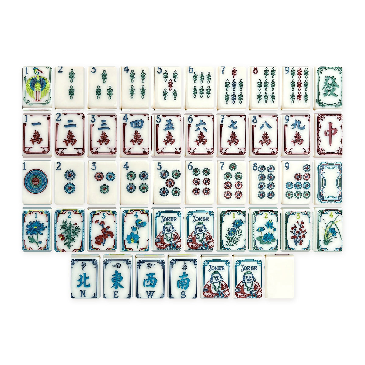 Emerald Classic American Mahjong Set, every tile design, laid out
