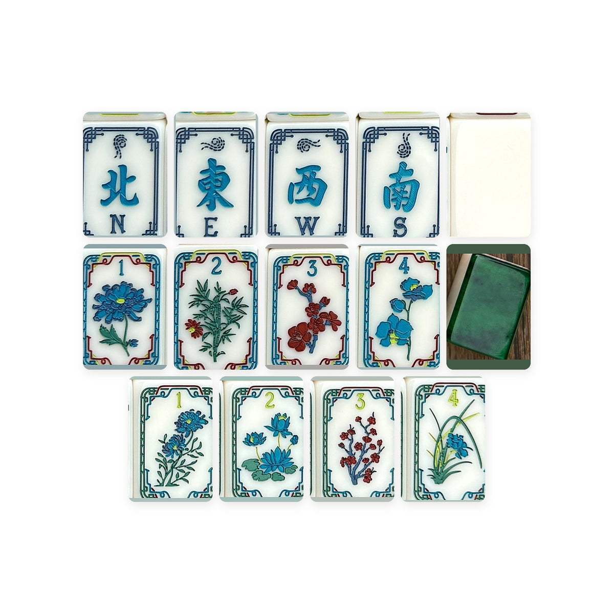 Emerald Classic American Mahjong Set, winds, flowers, blank tile and tile back