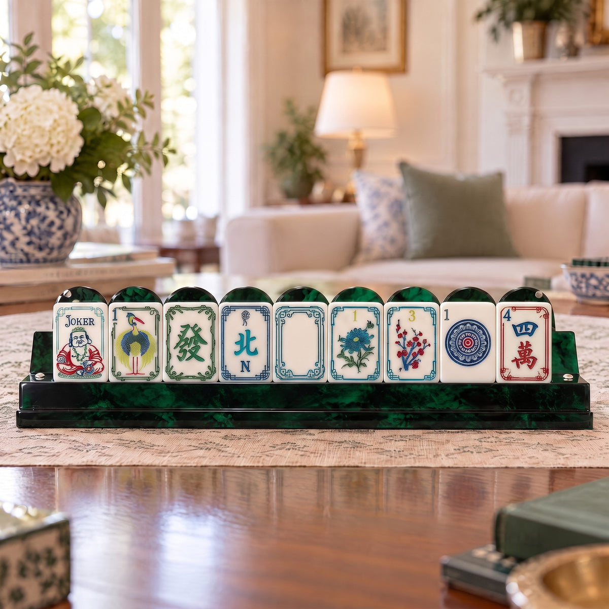 Emerald Classic American Mahjong Set, tiles on a rack, seen from across the table