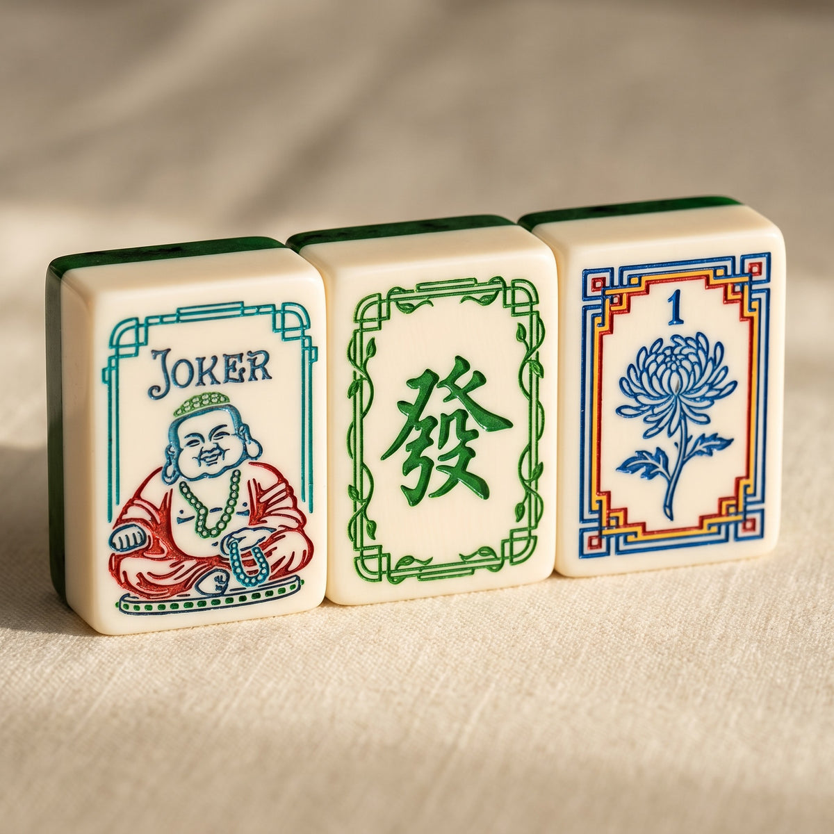 Emerald Classic American Mahjong Set, joker, dragon and flower tiles up close