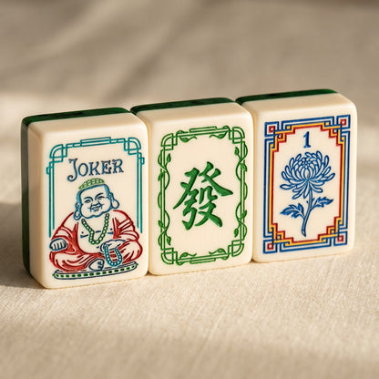 Emerald Classic American Mahjong Set, joker, dragon and flower tiles up close
