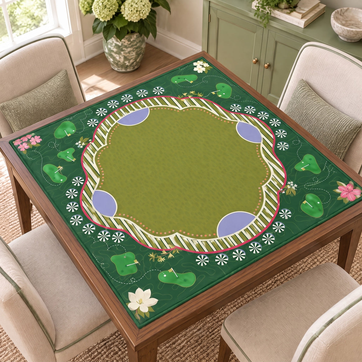 Emerald Garden Mahjong Mat, on a card table