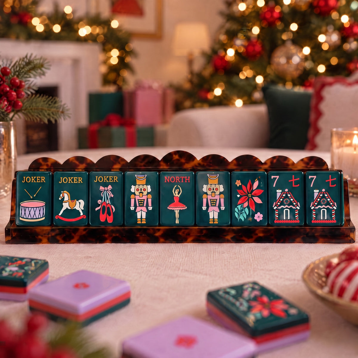 Forest Nutcracker American Mahjong Set, tiles on a rack, seen from across the table