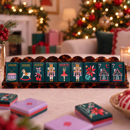 Forest Nutcracker American Mahjong Set, tiles on a rack, seen from across the table