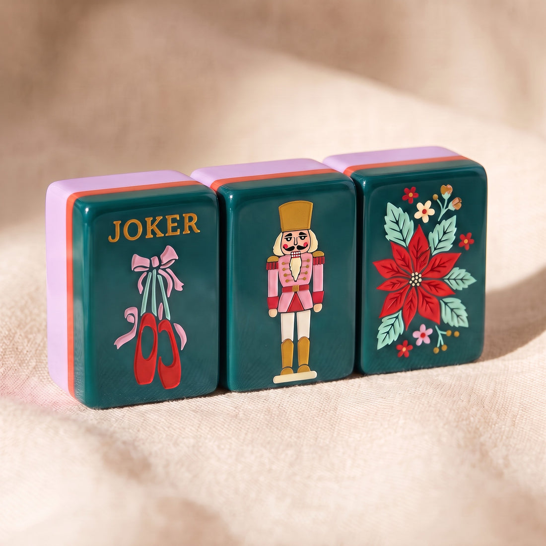 Forest Nutcracker American Mahjong Set, joker, dragon and flower tiles up close