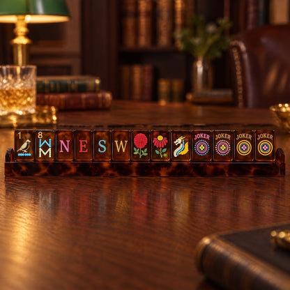 Honey Tortoise American Mahjong Set, tiles on a rack, seen from across the table