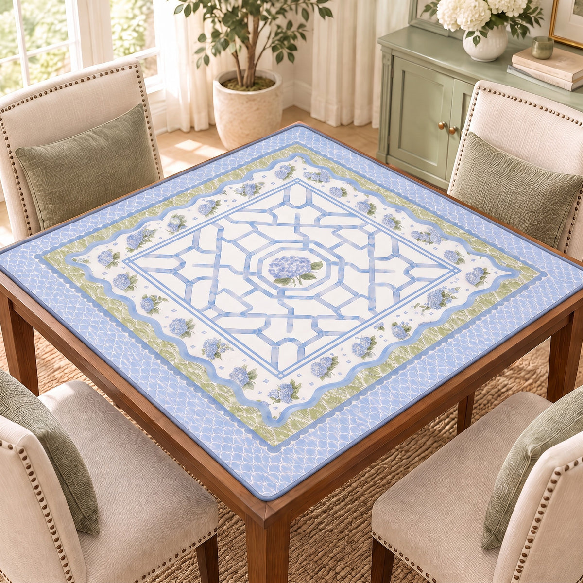 Hydrangea Mahjong Mat, on a card table