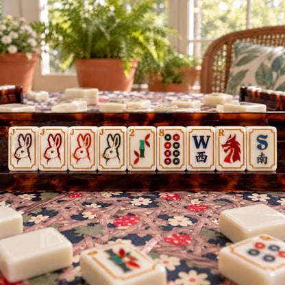Ivory Rabbit American Mahjong Set, tiles on a rack, seen from across the table