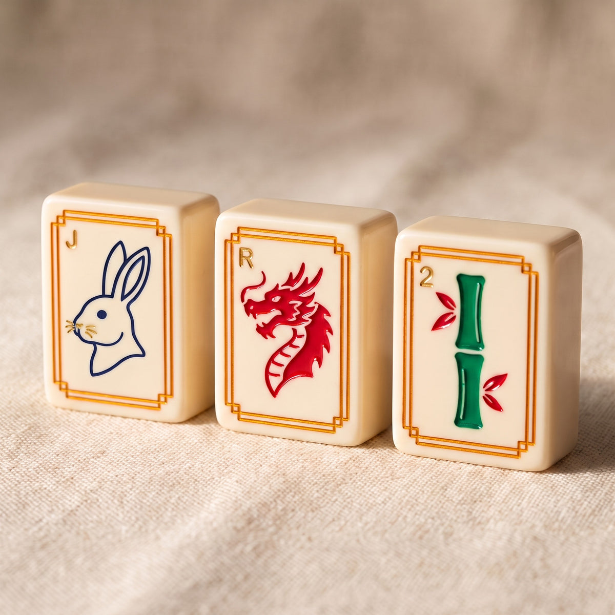 Ivory Rabbit American Mahjong Set, joker, dragon and flower tiles up close