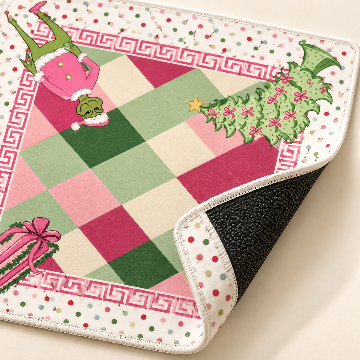 Mistletoe Green Mahjong Mat, stitched edge and non-slip back