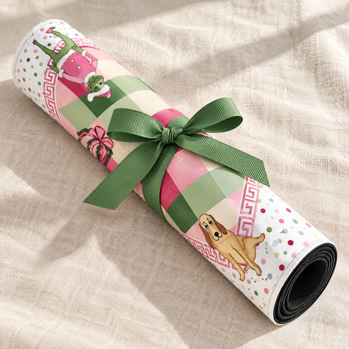 Mistletoe Green Mahjong Mat, rolled up