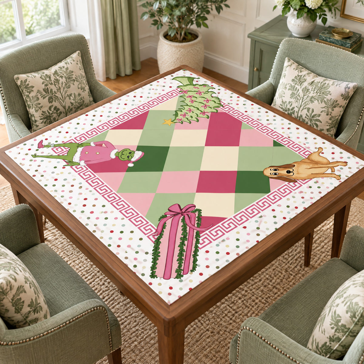 Mistletoe Green Mahjong Mat, on a card table