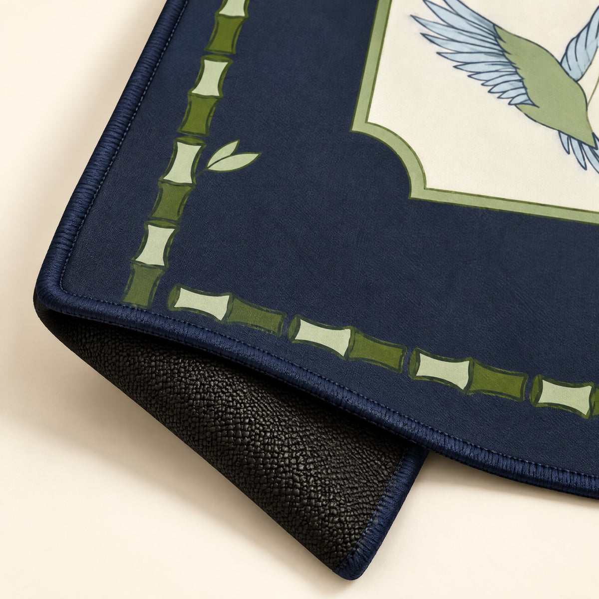 Navy Garden Mahjong Mat, stitched edge and non-slip back
