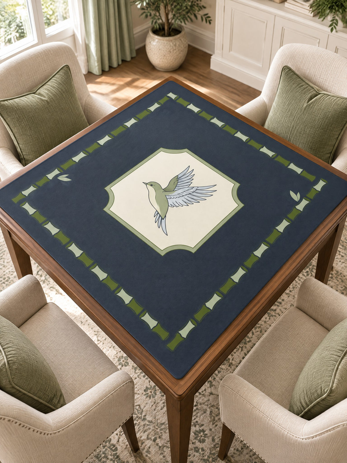 Navy Garden Mahjong Mat, on a card table