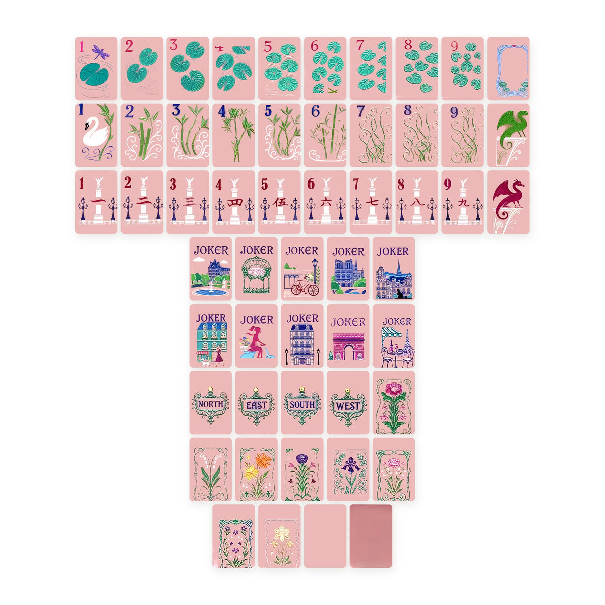 Pink Blossom American Mahjong Set, every tile design, laid out