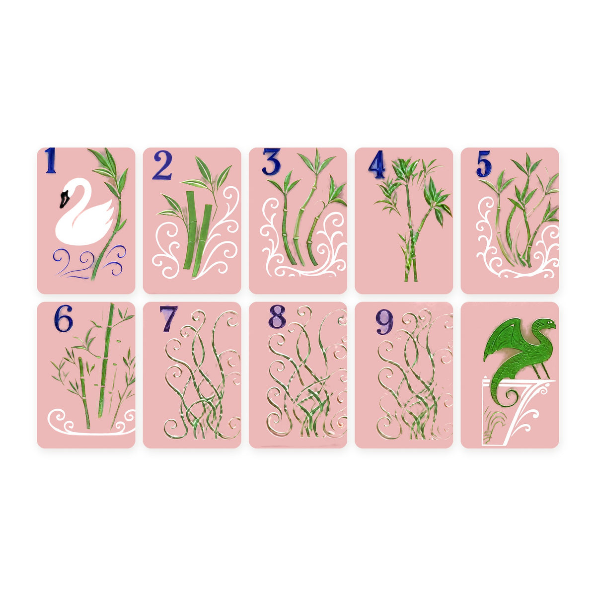 Pink Blossom American Mahjong Set, bams 1 to 9 and green dragon