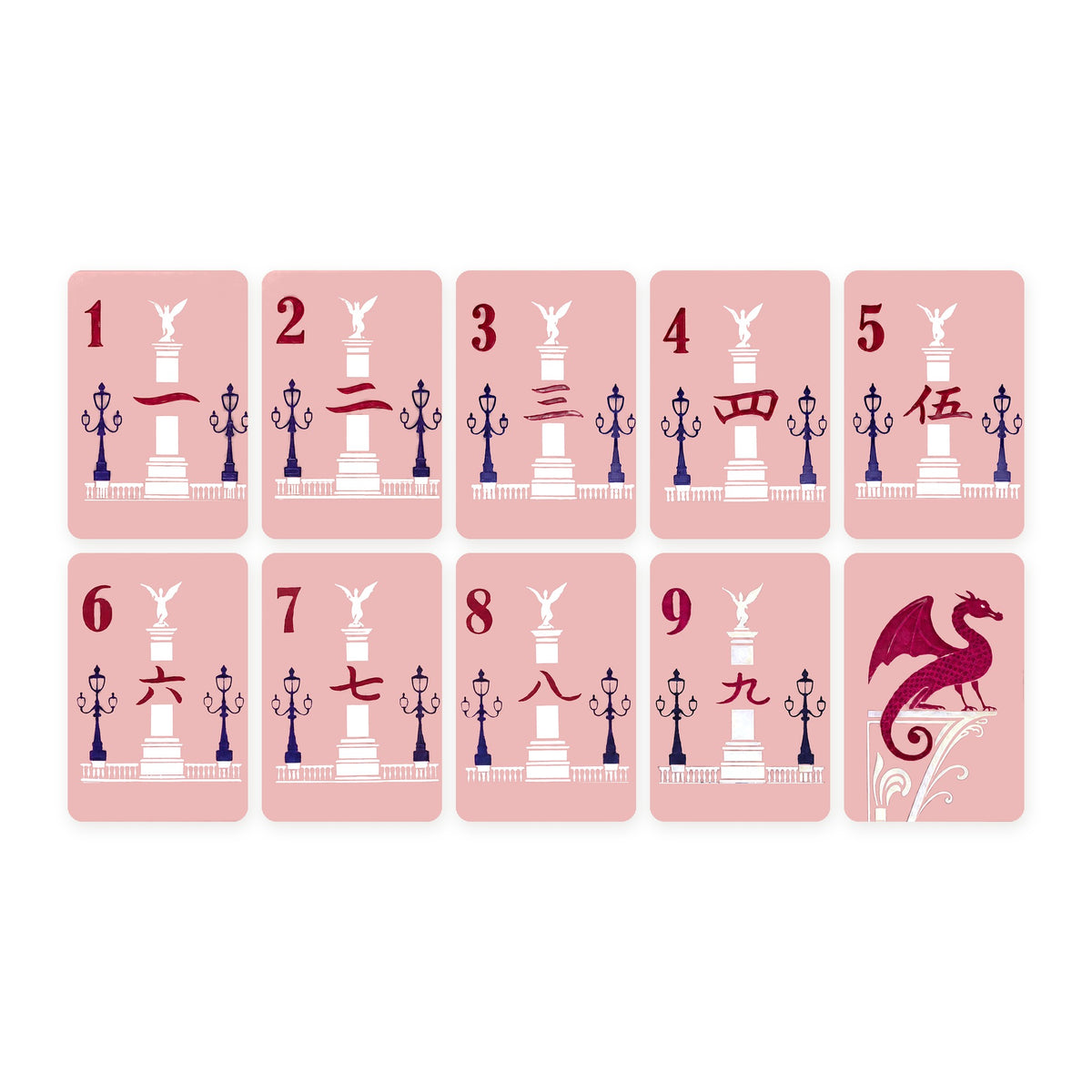Pink Blossom American Mahjong Set, craks 1 to 9 and red dragon